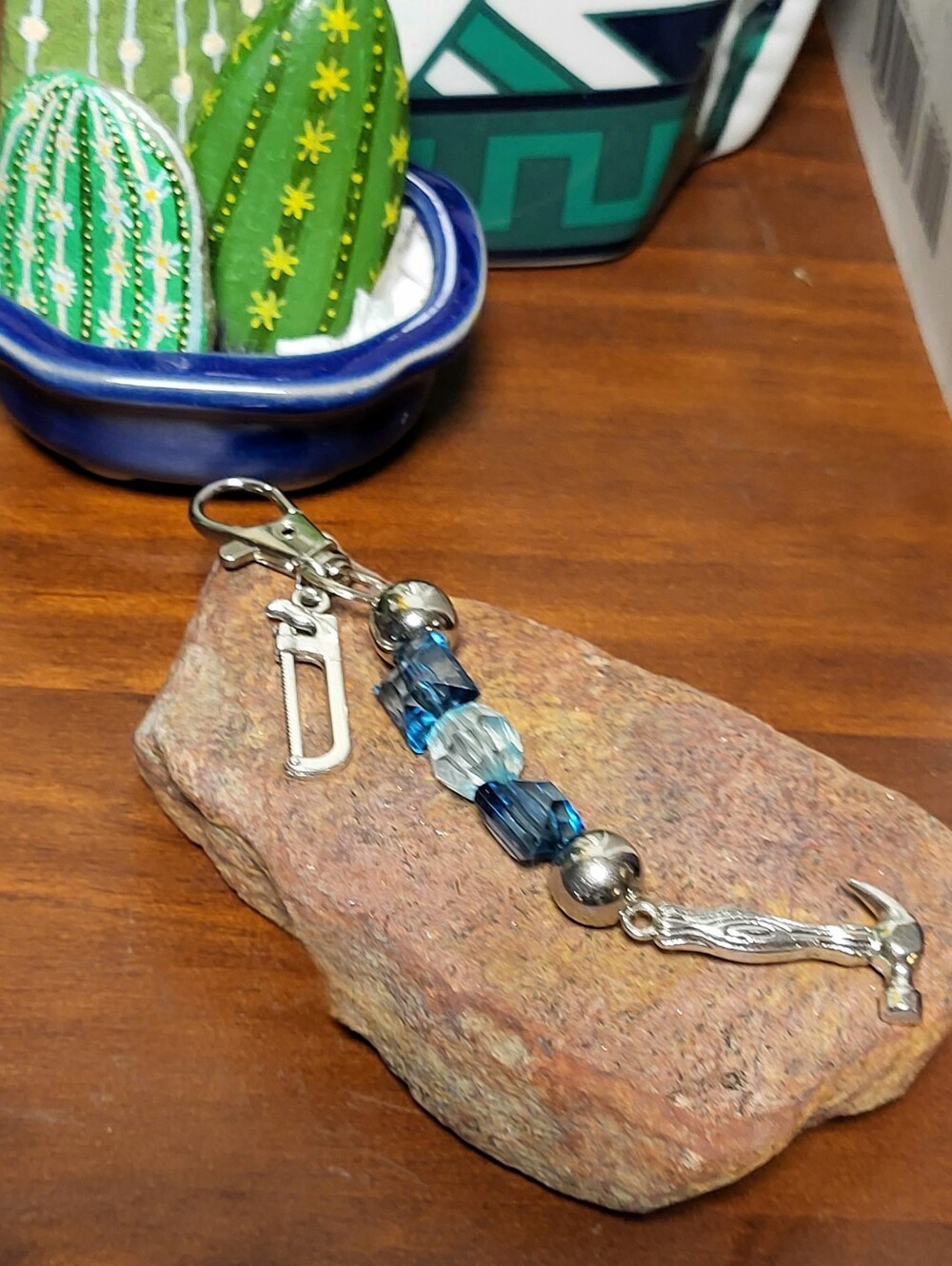 Handmade Blue Crystal Hammer And Saw Keychain - Home Accents